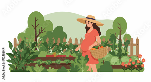 Pregnant woman gardening, cultivating her garden with loving care, vegetables in basket, and wearing hat. Pregnant woman gardening is a heartwarming scene, surrounded by lush greenery,
