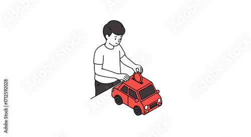 Child saving money in car piggy bank, cute illustration showing kid putting coin into red car piggy bank, teaching finance. Kid saving money demonstrates financial planning and future savings,