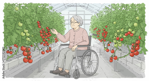 Senior woman in wheelchair admiring fresh tomatoes in greenhouse, ripe tomatoes plants in indoor farm. Senior woman appreciating the harvest, checking freshness.