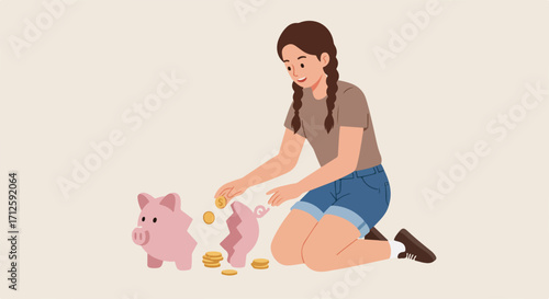 Unlocking savings account with broken piggy bank and scattered coins. Unlocking savings account after smashing it for coins. Personal savings account is opened after the piggy bank fell,