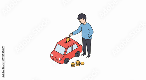 Man saving money to buy car, depositing a coin into red car shaped piggy bank. Money savings for dream car and financial investment represent future goal, putting money in safe place.