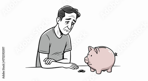 Man with empty piggy bank feeling financial difficulties as he sits at table. Financial difficulties for this man because he has no money to save and is staring at piggy bank.