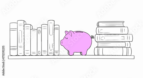 Piggy bank on shelf with books symbolizes financial literacy. Piggy bank rests among books, emphasizing saving knowledge and growth. Concept financial literacy promotes smart spending,