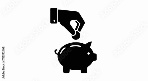 Piggy bank savings with hand putting coin in slot, representing financial security. Concept of piggy bank savings for future investment and planning.