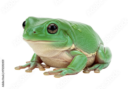 Isolated White's tree frog resting still in eye-level studio portrait, an Australian amphibian