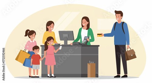 People shopping scene showing parents with children at checkout counter. People shopping event includes smiling man and woman, cashier worker, parents with kids buying goods at checkout counter.