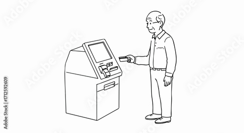 Old man at ATM using debit card at automated teller machine for banking services. Old man using banking terminal shows convenience of digital finance.