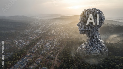 Giant AI structure overlooks sprawling cityscape, symbolizing technological dominance