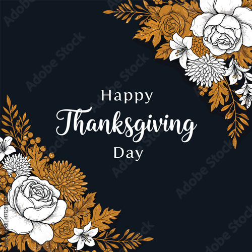 Happy ThanksGiving typography text design with hand drawn leaves and flowers on dark blue background for greeting card, poster, social media post. Vector illustration