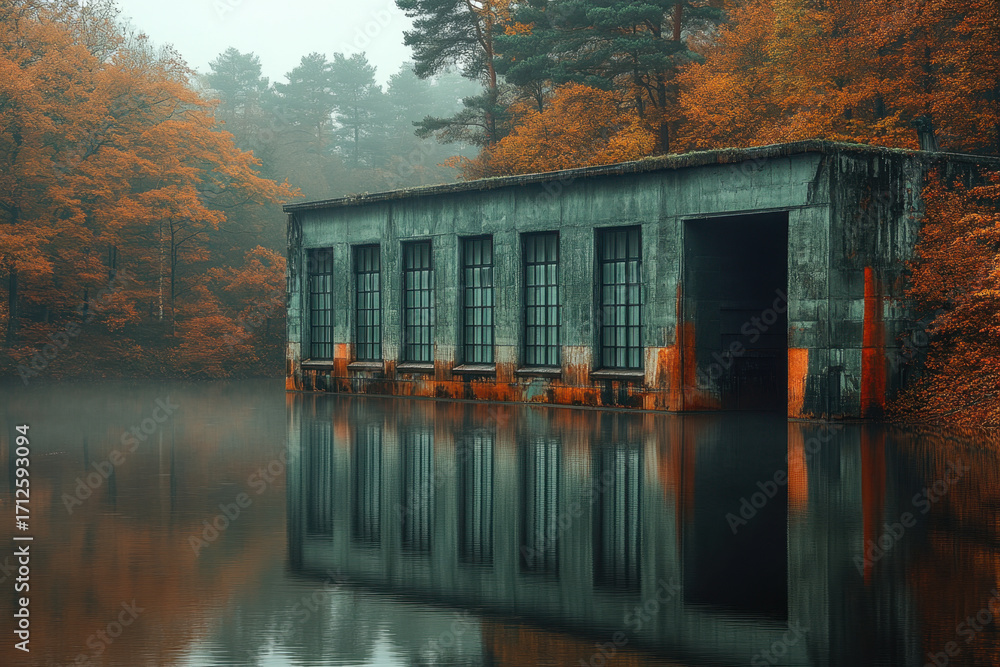 Fototapeta premium Boathouse floating on lake.