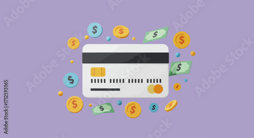 Credit card concept with scattered money, representing payment and financial transactions. Credit card concept for banking and electronic commerce.