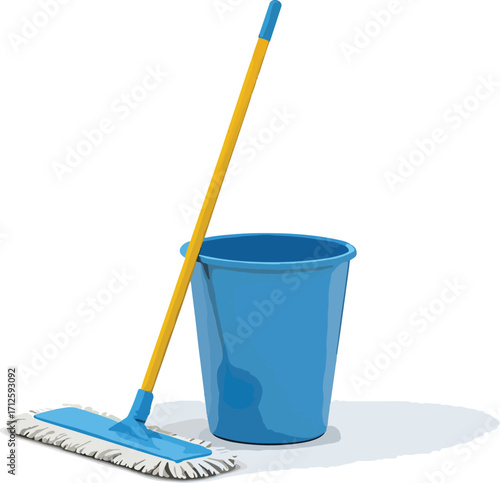 A blue mop and bucket set, essential cleaning tools for a spotless home, ready for any chore