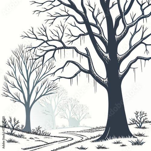 Bare winter trees with icicles hang from branches along a winding path through a misty landscape