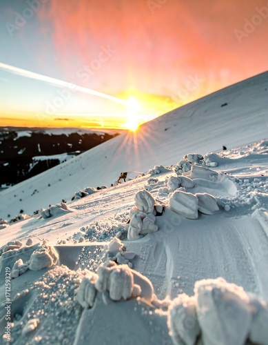 Snowy mountain sunset