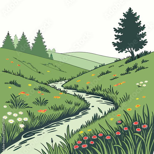 Idyllic green rolling hills landscape with a winding stream and colorful wildflowers in bloom