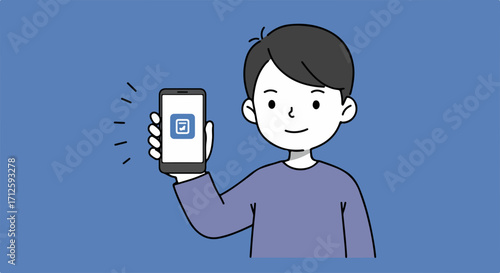 Showing mobile app on smartphone in hand, happy man displays mobile app on screen with positive expression, demonstrating user interface. Person presents new mobile app for advertising,