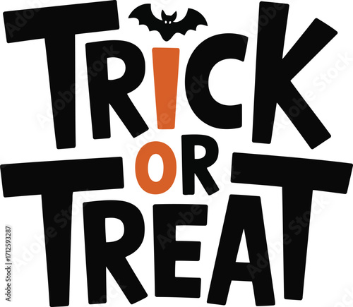 Spooky halloween trick or treat text with a flying bat silhouette and orange accents