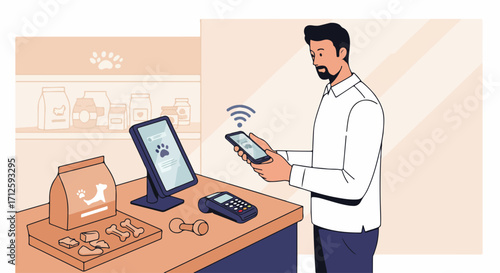 Pet store purchase at checkout counter using mobile payment terminal. Paying for pet supplies using mobile device makes pet store purchase so easy,