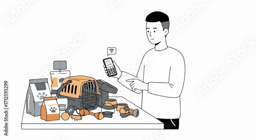 Pet care arrangement with various supplies. Preparing pet supplies including food and carrier with smartphone in hand, ready for travel or adoption, enhancing animal well being.