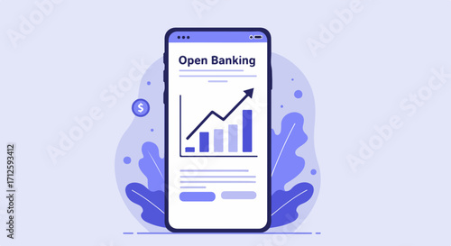 Open banking on mobile phone shows financial growth with rising graphs, and coin aside. Concept financial open banking growth in phone showing business progress, success, and gain.