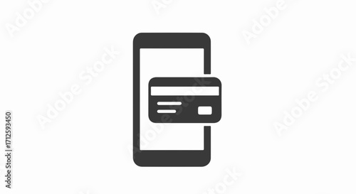 Mobile payment with credit card icon on white background, depicting a modern cashless transaction. Mobile payment involves fast money transfers using phone apps and secure transaction methods.