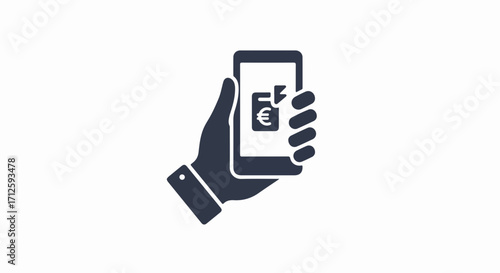Illustration of online payment showing mobile phone in hand with euro symbol icon on screen. Online payment is convenient transaction for people.