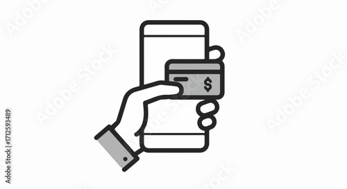 Hand holding credit card and smartphone depicting mobile payment methods. Concept mobile payment with simple grayscale graphic, conveying seamless transactions and accessibility.
