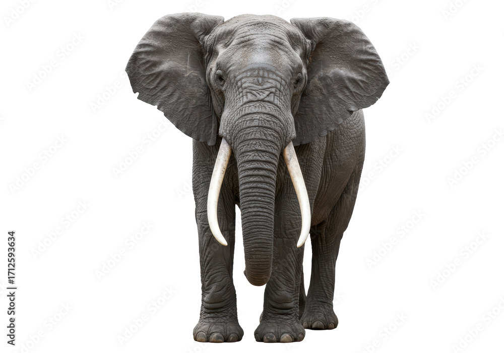 Obraz premium Isolated African elephant standing with tusks facing camera, majestic powerful animal