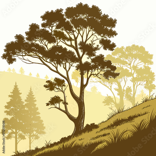 Silhouette of a large tree on a grassy hill with other trees in the background