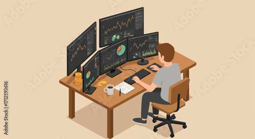Illustration showing stock trader working on multiple screens. Stock trader analyzes data and investment opportunities in global stock market.
