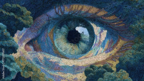 Surreal eye surrounded by swirling clouds in dreamlike landscape