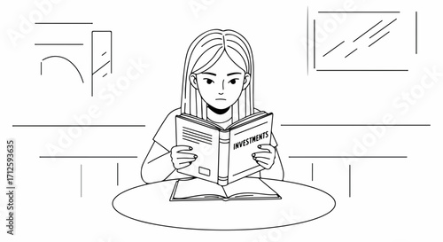 Girl reading book about investments, seated at table in simplified illustration. Girl reading book is focused on learning financial literacy and investment principles.