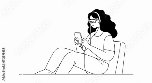 Young woman using a smartphone is depicted in a minimalist illustration, black and white art. Young woman relaxing with her smartphone, listening to music with headphones, seated in chair,
