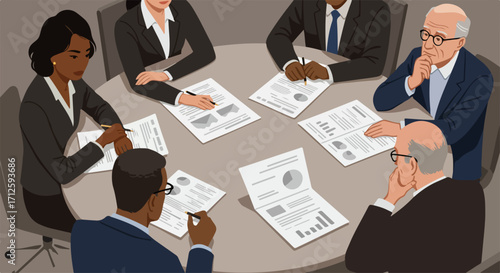 Meeting around table with diverse business team members, analyzing charts and reports during business negotiations. Productive meeting around table involves discussing strategies, presenting ideas,