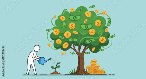 Growing money like a tree in cartoon style. Growing money involves watering little sprout to reach mature tree, gold coins, and dollar bills.