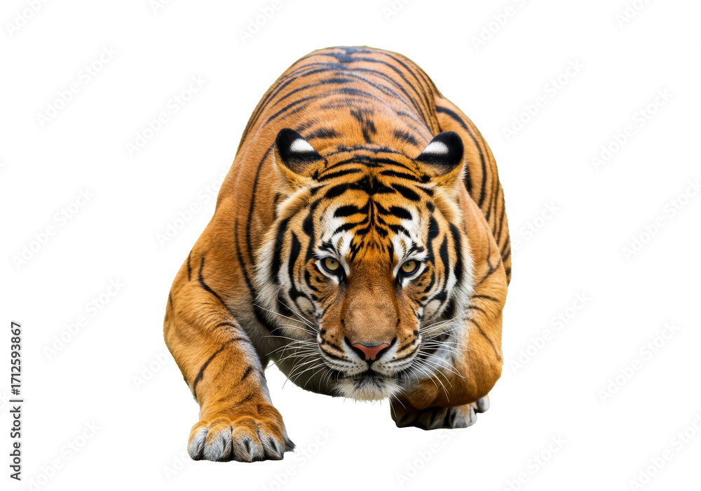 Obraz premium Isolated tiger crouching down, ready to pounce, stalking its prey in the wild, beautiful animal