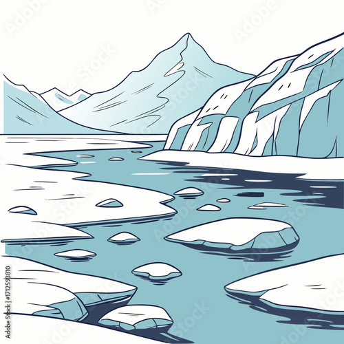Stylized illustration of an arctic landscape with glaciers mountains and floating icebergs in water