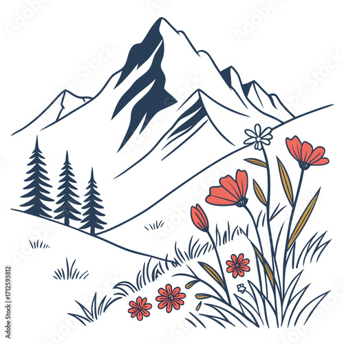 Stylized mountain landscape with pine trees and wildflowers in a minimalist line art style