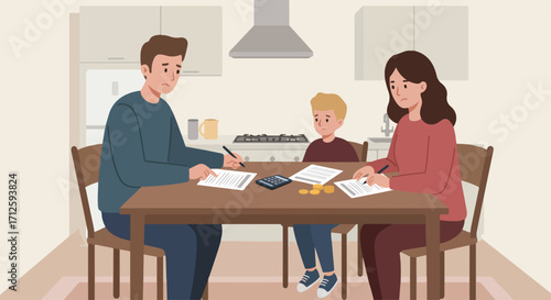 Family budget review at home involves mom, dad, and their child reviewing finances. Family budget planning at dining table with parents and son looking at financial papers with concern.