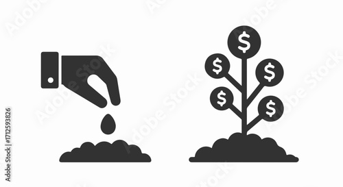 Growing money concept displayed with hand planting seed and plant with dollar signs. Growing money symbol represents financial growth and investment, showing process from seed to tree.