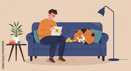 Man working from home while his cat sleeps is depicted in this image, illustrating a modern lifestyle concept. Freelancer working from home writes on clipboard, while cat peacefully sleeps,