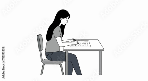 Young woman writing at desk. Focused woman sitting at desk concentrates, taking notes, reading papers. Person writing at desk for academic concept, study, education, learning process.