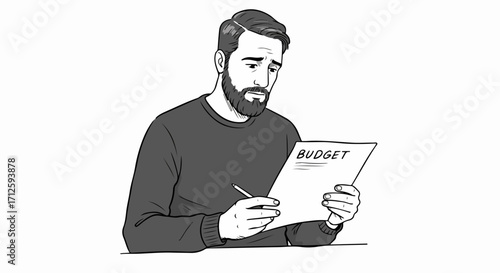Worried man holds budget report. Man in deep thought reviews budget, pondering financial troubles. Concept budget review showcases business challenges and tough decisions.