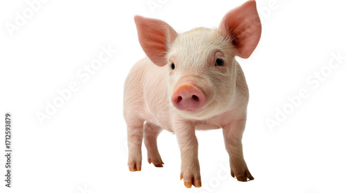 Cute pink piglet standing and looking curiously, white isolated background.