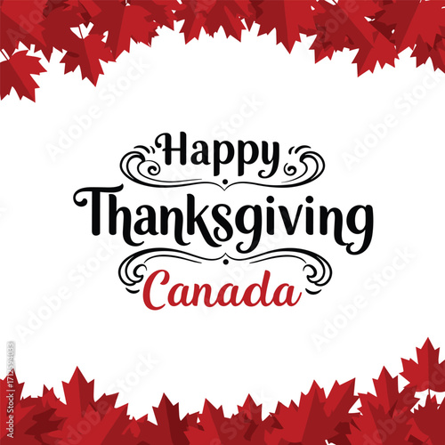 Happy Thanksgiving Day calligraphy hand lettering on Canadian maple leaf. Holiday in Canada. Vector template for greeting card, typography poster, banner, flyer, sticker, t-shirt