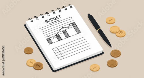 Budget planning with notepad, coin stack and black pen on neutral background, to track expenses and income. Effective budget planning requires good organization.