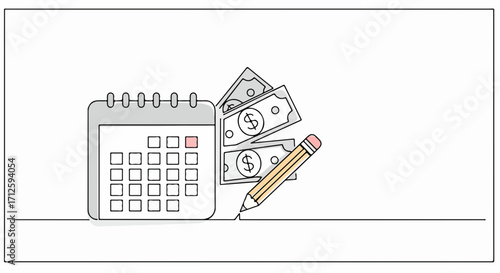 Monthly expenses calculation with calendar and money for financial planning. Monthly expenses includes calendar, pencil, and dollar bills for budgeting, and income management.