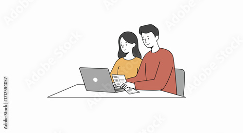 Couple at computer looking at documents at home in simple drawing style. Couple at computer checks financial papers, mortgage documents, or family budget.
