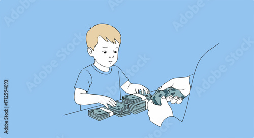 Child allowance for expenses with father counting money together on table. Child allowance with father counting cash teaches kid about financial literacy and responsibility.