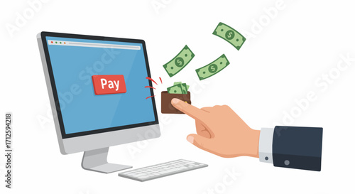 Online payment via computer screen with cash, wallet, and hand of person clicking pay button. Online payment from user is safe and secure, ensuring seamless transactions.
